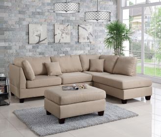Sand Color 3pcs Sectional Living Room Furniture Reversible Chaise Sofa And Ottoman Polyfiber Linen Like Fabric Cushion Couch - as Pic