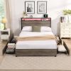 Queen Bed Frame, Storage Headboard with Charging Station, Solid and Stable, Noise Free, No Box Spring Needed, Easy Assembly - as Pic