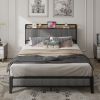 Queen Size Bed Frame with Charging Station, Upholstered Headboard, Metal Platform, Grey - as Pic