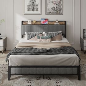 Queen Size Bed Frame with Charging Station, Upholstered Headboard, Metal Platform, Grey - as Pic
