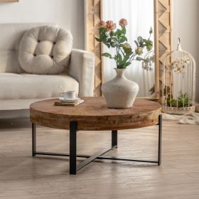 31.29"Modern Retro Splicing Round Coffee Table, Fir Wood Table Top with Black Cross Legs Base(Same SKU:W75770652) - as Pic
