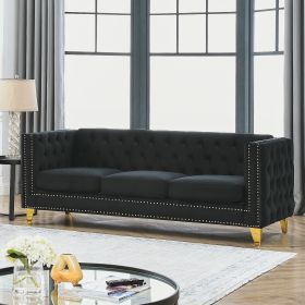Black Velvet Sofa for Living Room,Buttons Tufted Square Arm Couch, Modern Couch Upholstered Button and Metal Legs, Sofa Couch