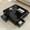 ON-TREND Modern High Gloss Coffee Table with 4 Drawers, Multi-Storage Square Cocktail Tea Table with Wood Grain Legs, 31.5''x31.5'', Black - as Pic