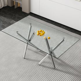 Large Modern Minimalist Rectangular Glass Dining Table for 6-8 with 0.39" Tempered Glass Tabletop and Silver Chrome Metal Legs, 71' x39''x 30''1538