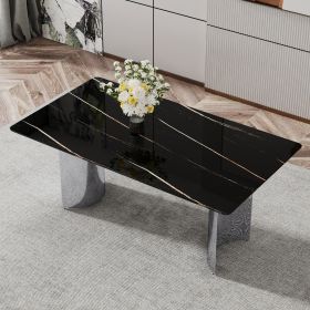 Modern minimalist dining table. The black imitation marble glass desktop is equipped with silver metal legs. 71 "* 39.3" * 29.5 "DT-69