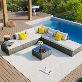 8-Pieces Outdoor Patio Furniture Sets, Garden Conversation Wicker Sofa Set, Single Sofa Combinable, Beige Cushions Gray Wicker - as Pic