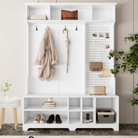 Hall Tree with Shoe Bench, Coat Rack ,Shoe Storage ,Storage Shelves and Pegboard, for Hallways, Halls and Bedrooms, White - as Pic
