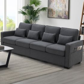 104" 4-Seater Modern Linen Fabric Sofa with Armrest Pockets and 4 Pillows,Minimalist Style Couch