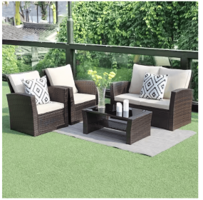 4-Pieces Outdoor Patio Furniture Set PE Rattan Wicker with Brown - as Pic