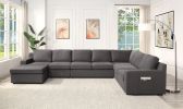 Waylon 145.5" Gray Linen 7-Seater U-Shape Sectional Sofa Chaise with Pocket - as Pic