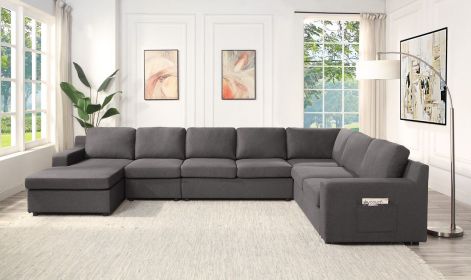 Waylon 145.5" Gray Linen 7-Seater U-Shape Sectional Sofa Chaise with Pocket - as Pic