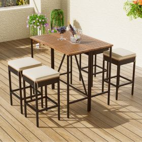 GO 5-Piece Outdoor Acacia Wood Bar Height Table And Four Stools With Cushions, Garden PE Rattan Wicker Dining Table Brown - as Pic