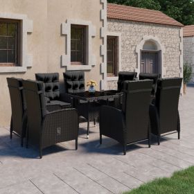 9 Piece Patio Dining Set Poly Rattan and Glass Black - Black