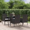 5 Piece Patio Dining Set with Cushions Black Poly Rattan - Black