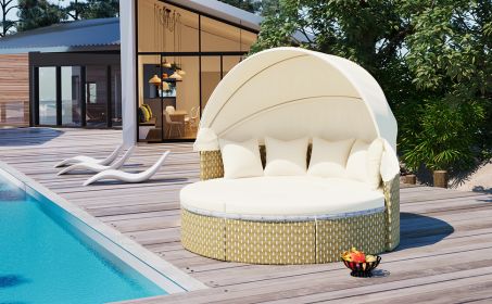TOPMAX Patio Furniture Round Outdoor Sectional Sofa Set Rattan Daybed Two-Tone Weave Sunbed, Beige