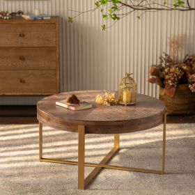 33.86"Modern Retro Splicing Round Coffee Table,Fir Wood Table Top with Gold Cross Legs Base(Same SKU:W757127348) - as Pic