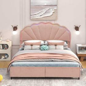 Full Size Upholstered Smart LED Bed Frame with 2 Storage Drawers and Chic Double Petal Headboard