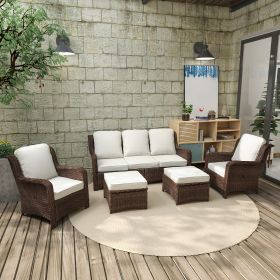 Patio Furniture Set Rattan Outdoor Sectional Conversation Sets 3-Seat Outdoor Couch,2 Single Chair and 2 Ottoman (Bron-Off White, Set of 5)