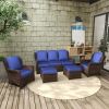 Patio Furniture Set Rattan Outdoor Sectional Conversation Sets 3-Seat Outdoor Couch,2 Single Chair and 2 Ottoman(Gray-Navy, Set of 5)
