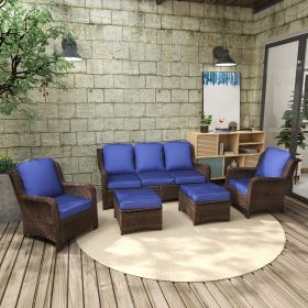 Patio Furniture Set Rattan Outdoor Sectional Conversation Sets 3-Seat Outdoor Couch,2 Single Chair and 2 Ottoman(Gray-Navy, Set of 5)