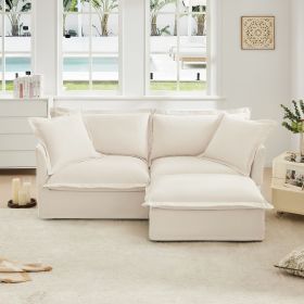 Slipcovered Sectional 2 Seater Sofa Couch with Convertible Ottoman L Shape, Chenille Fabric, Cream
