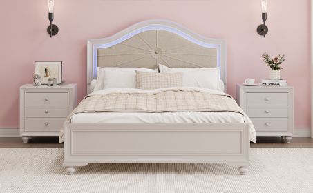 Modern Queen Size Wood Bed with Hidden LED Light Upholstered Curved Headboard, No Box Spring Needed, Cream Grey - as Pic