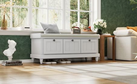 TREXM Classic Storage Bench with Cushioned Seat and Three Drawers for Entryway and Living Room (Light Gray) - as Pic