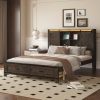 Wood Queen Size LED Platform Bed with Barn Door Design Headboard, USB and 2 Drawers, Antique Brown - as Pic