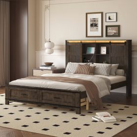Wood Queen Size LED Platform Bed with Barn Door Design Headboard, USB and 2 Drawers, Antique Brown - as Pic