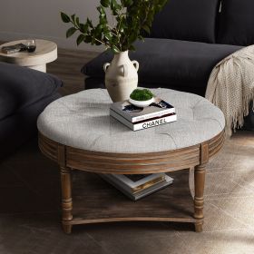 Large Round WaterProof Ottoman Coffee Table 2 Tier Oversized Button Tufted Ottoman with Wooden Shelf (Light Gray) - as Pic