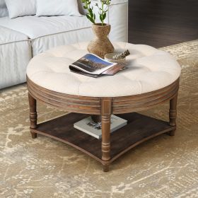 Large Round WaterProof Ottoman Coffee Table 2 Tier Oversized Button Tufted Ottoman with Wooden Shelf  (Warm White)