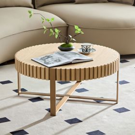 Modern Handcraft Drum Coffee Table 31.5 inch Round Coffee Table for Living Room,Small Coffee Table with Sturdy Pedestal - Natural Ash - MDF+Metal