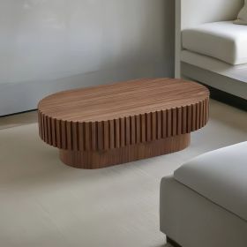 43.70 Inch Modern Handcraft Drum Coffee Table Oval Coffee Table for Living Room - Walnut - MDF