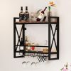 Wall Mounted Wine Rack with 2-Tier Shelves and 3 Glass Holders - Rustic Brown
