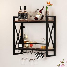 Wall Mounted Wine Rack with 2-Tier Shelves and 3 Glass Holders - Rustic Brown