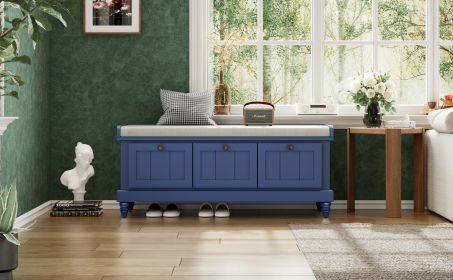 TREXM Classic Shoe Bench with Cushion and Three Drawers, Fluted Entryway Bench, Navy Blue