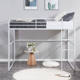 Metal Loft Bed Twin Size, Loft Bed Frame with Safety Guard Rails & Flat Ladder, Twin Loft Bed for Kids Teens Adults, White - White - Iron