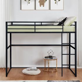 Metal Loft Bed Full Size, Loft Bed Frame with Safety Guard Rails & Flat Ladder, Twin Loft Bed for Kids Teens Adults, Black - Black - Iron
