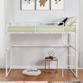 Metal Loft Bed Full Size, Loft Bed Frame with Safety Guard Rails & Flat Ladder, Twin Loft Bed for Kids Teens Adults, White - White - Iron