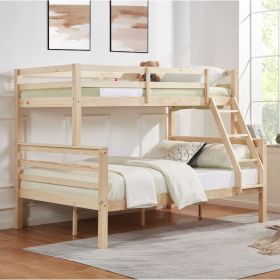Twin over Full Bunk Bed with Thick Posts,Wooden Bunk Bed with High Guardrail and Ladder- Natural - Wood