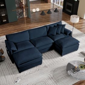 Modular Sectional Sofa, Oversized Deep Seat U Shaped Couch Set for Living Room, 3-Seater Comfy Cloud Couches with 2 Movable Ottomans, Blue