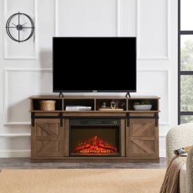 Modern Farmhouse TV Media Stand, Large Barn Inspired Home Entertainment Console, with 23" Fireplace Insert, for TV Up to 65'', Natural Brown