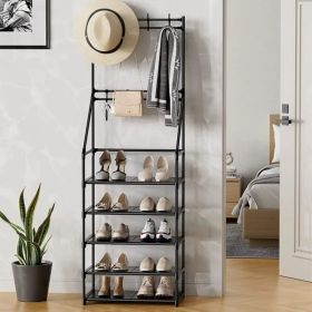 5-Tier Shoe Rack Shoe Storage for Entryway,Narrow Shoe Rack,Coat and Shoe Rack with 8 Hooks - Black - Metal