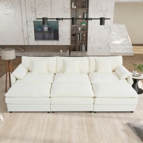 Oversized Deep Seat Sectional Cloud Sofa Sleeper with 3 Ottomans & Soft Pillows, Chenille,White - as Pic