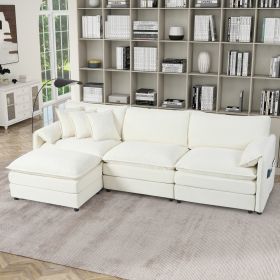 Modular Sectional Sofa, Oversized Deep Seat L Shaped Couch Set for Living Room, 3-Seater Comfy Cloud Couches with Movable Ottoman, Chenille,White