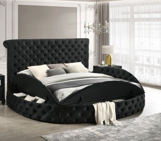 Luxurious 1pc Glam Queen Tufted Headboard Upholstered Storage Round Bed Black Footboard Storage Wooden Bedroom Furniture - as Pic
