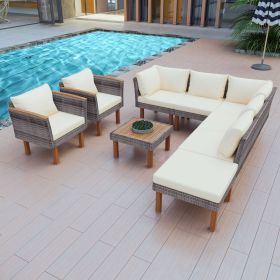 GO 9-Piece Patio Rattan Furniture Set, Outdoor Conversation Set With Acacia Wood Legs and Tabletop, PE Rattan Sectional Sofa Set, Beige