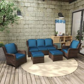 Patio Furniture Set Rattan Outdoor Sectional Conversation Sets 3-Seat Outdoor Couch,2 Single Chair and 2 Ottoman (Bron-Peacock Blue, Set of 5)
