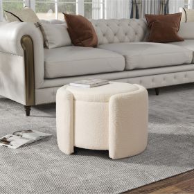 Round Ottoman teddy fleece cushioned footpads living room and bedroom footstool with storage space (Beige) - as Pic