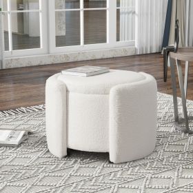 Round Ottoman teddy fleece cushioned footpads living room and bedroom footstool with storage space (White) - as Pic